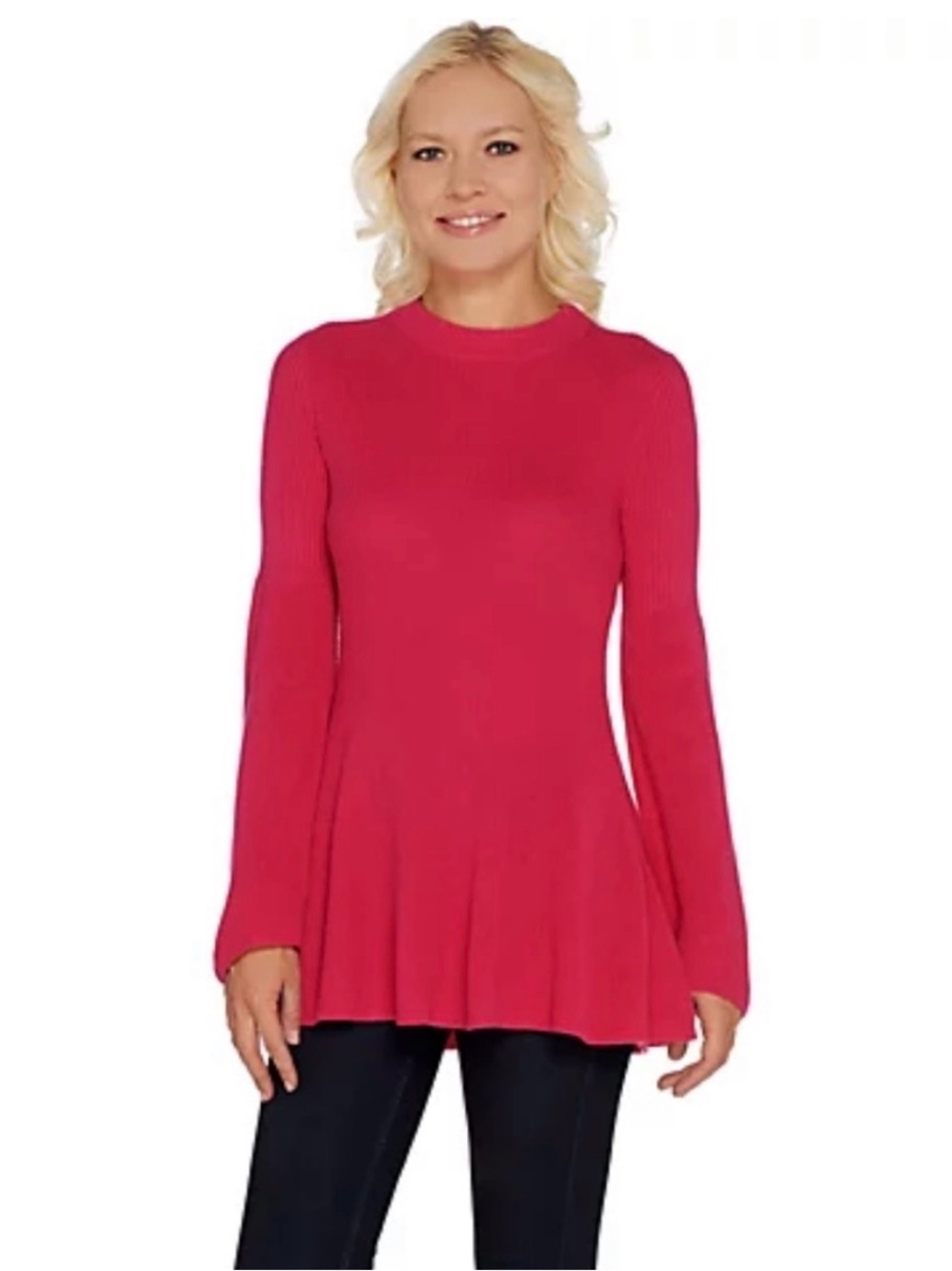 Laurie Felt Cashmere Blend Flare Bell Sleeve Ribbed Sweater Hot Pink cozy warm